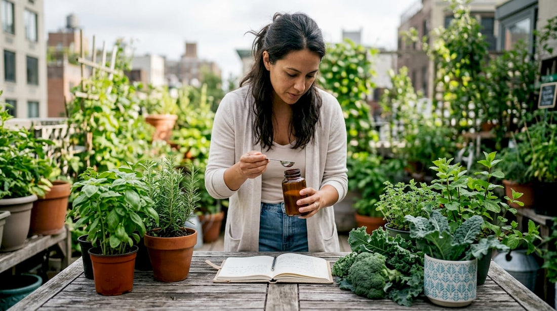 Woman inspecting plant-based calcium supplements in kitchen