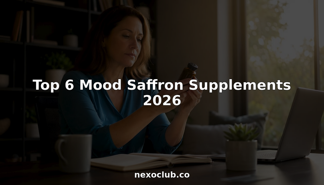 Woman examining mood saffron supplement bottle at kitchen table
