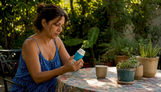 Woman examining vegan supplement label
