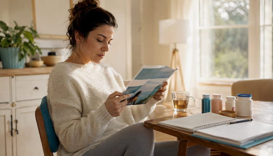 Woman reading antioxidant supplement information