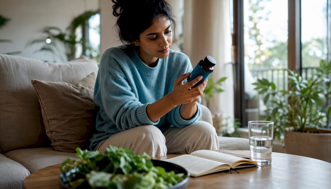 Woman reading plant-based iron supplement label in kitchen
