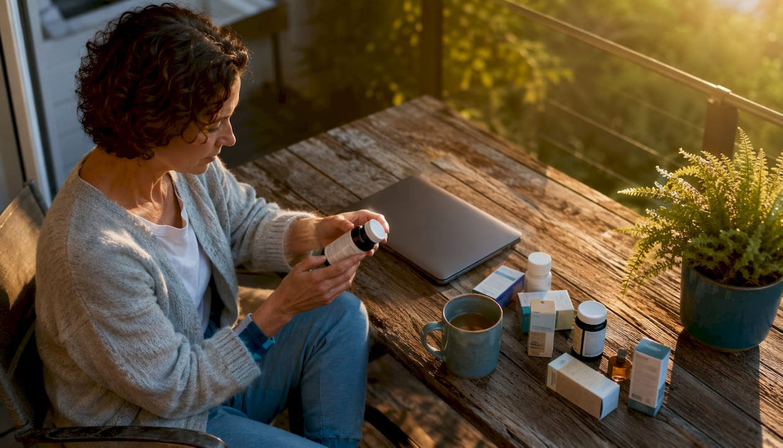 Woman reading plant-based supplement label at kitchen table