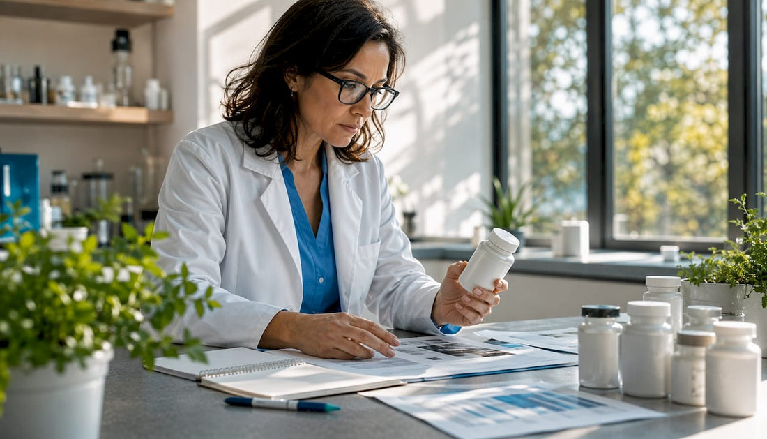 Dermatologist reviewing supplements and lab results