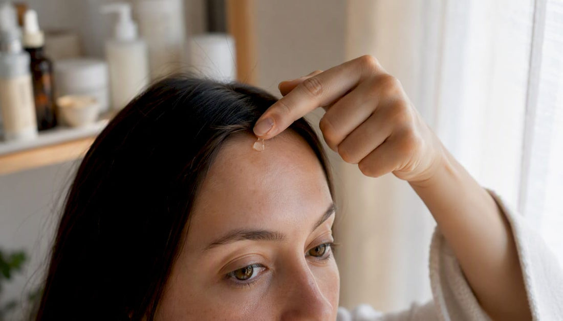 Applying clear acne serum on skin cheek